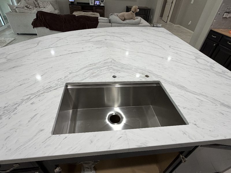 Quartz kitchen island countertop with undermount sink