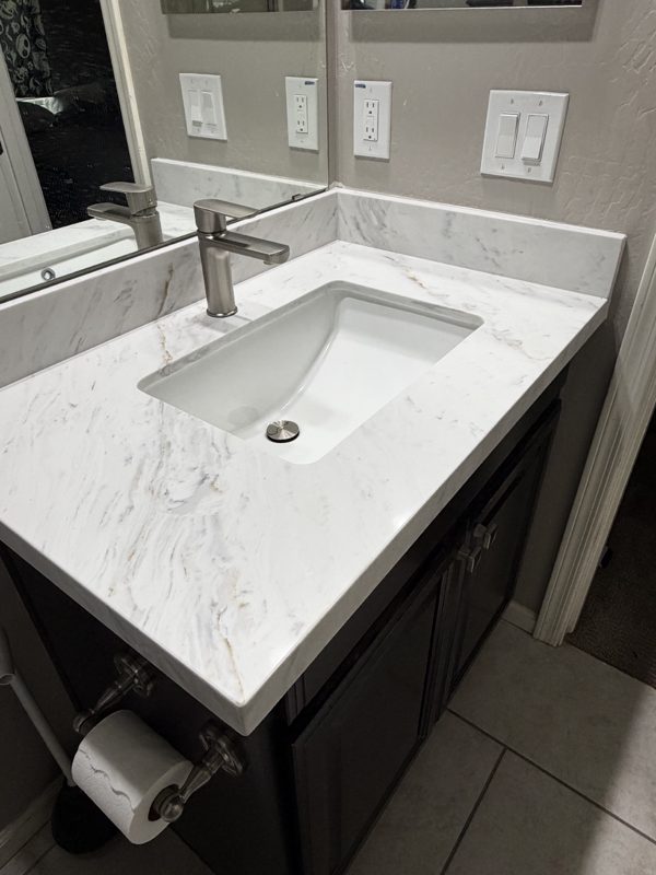 Quartz bathroom vanity countertop with undermount sink