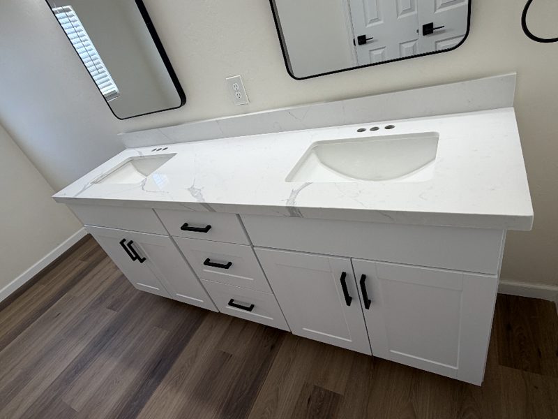 White quartz bathroom vanity top with single sink